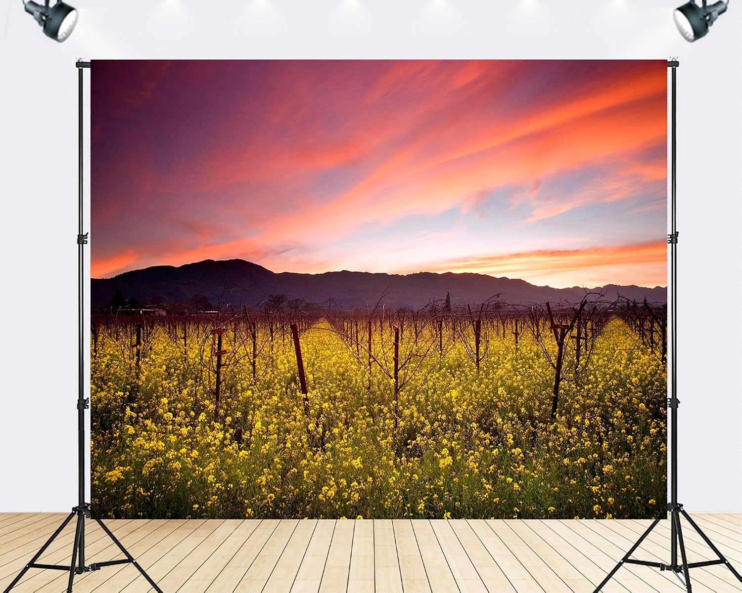 Trykid 20x10ft Vineyard Sunset Photography Backdrop Yellow Wildflowers Grapevines Orange Pink Sky Mountains for Outdoor Camping Wedding Party Decoration Tapestry Photo Studio Prop Fabric