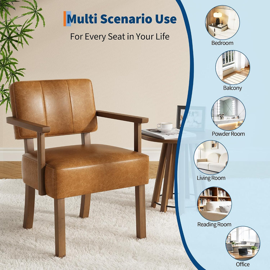 Garvee Accent Chair, Mid-Century Modern Faux Leather Armchair with Wood Frame, Vertical Stripe Upholstered Reading Chair for Living Room, Bedroom or Balcony, Brown