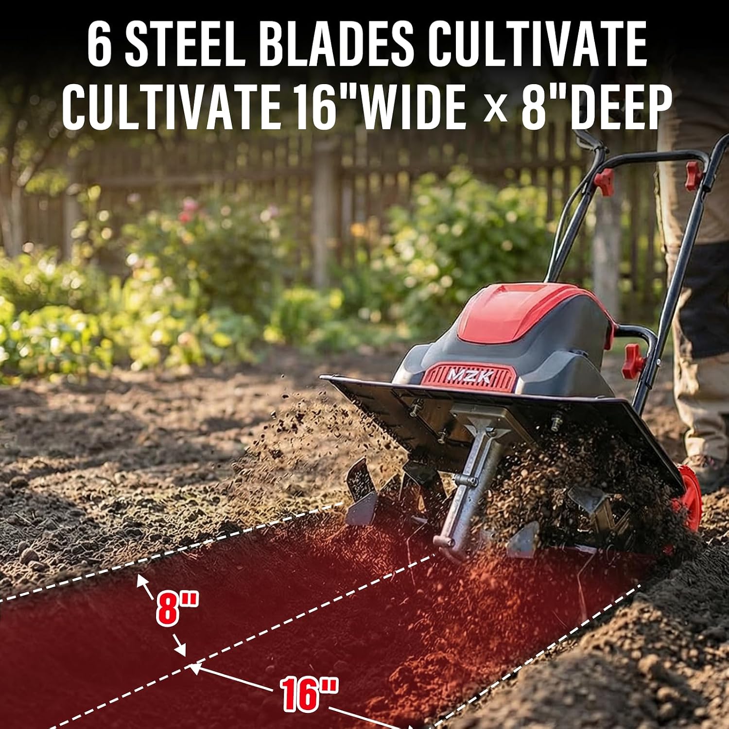 MZK 16-Inch 13.5-Amp Corded Electric Tiller/Cultivator, 8-inch tillling Depth with Adjustable Wheels, Foldable Electric Rototiller for Lawn/Yard/Garden Soil Digging,TC16A08