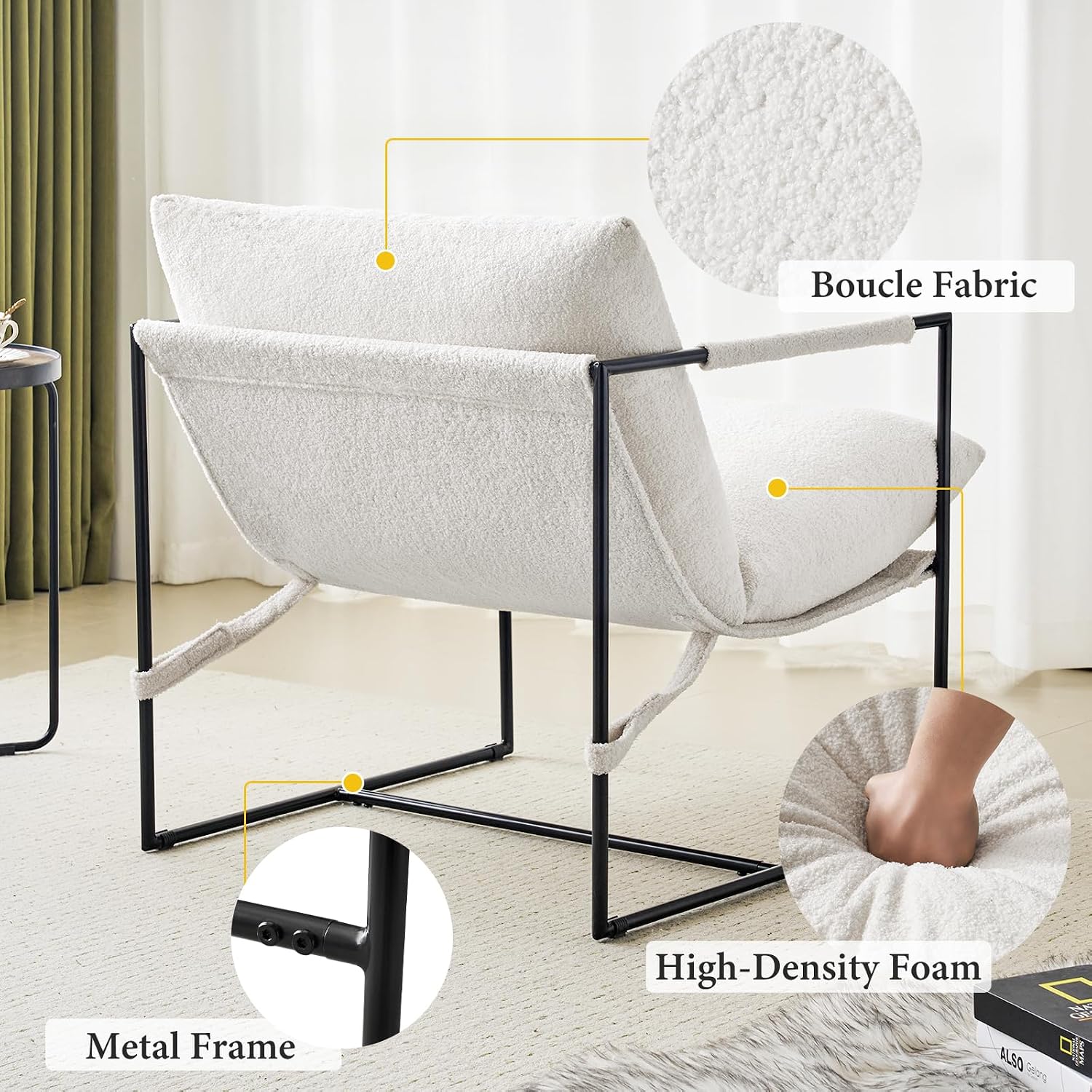 Furnilivng Large Sling Accent Chairs Set of 2, Comfortable Boucle Fabric Arm Chair, Upholstered Cozy Reading Chair for Living Room, Bedroom, Dressing Room, Home Office, White