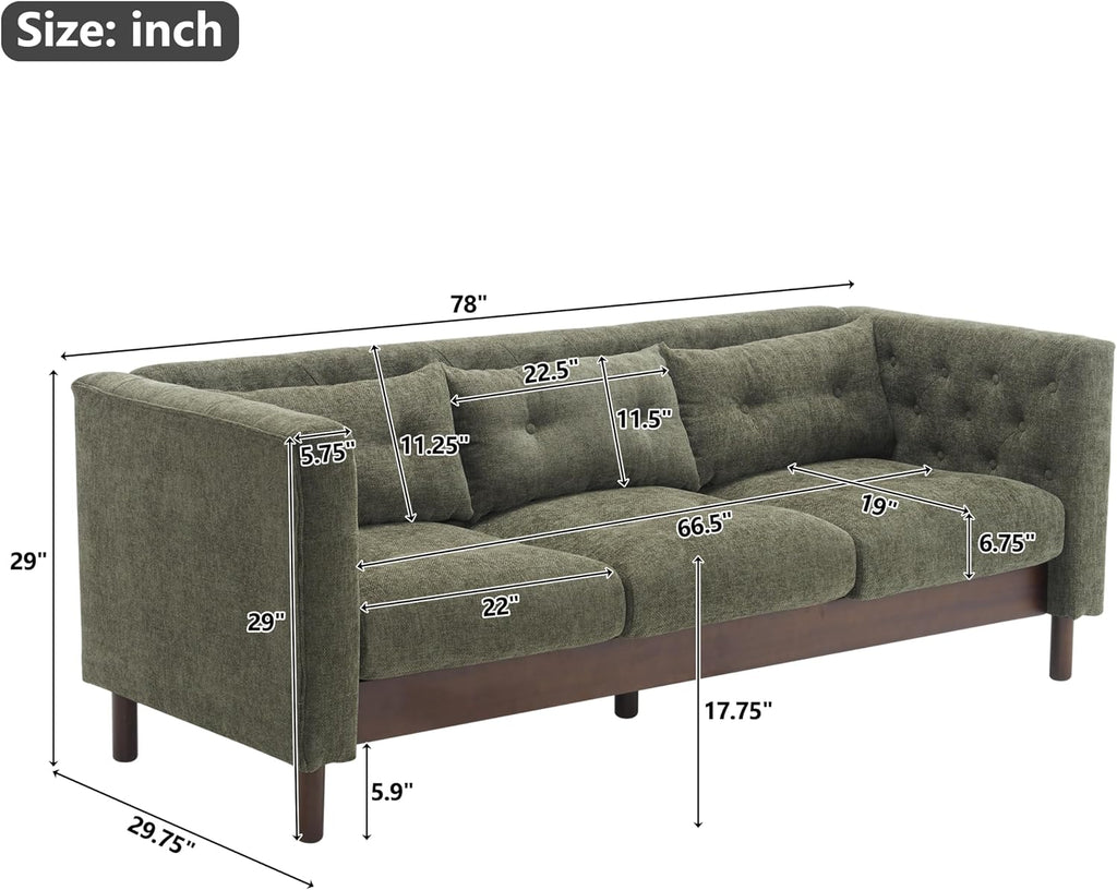 Christopher Knight Home Marloo 3 Seater Sofa Couch, Upholstered Couch, Linen-Like Tufted Back Sofa with Arm Rest, Rubberwood Legs, 78' Spacious Seating for Living Room Home Rest, Dark Green