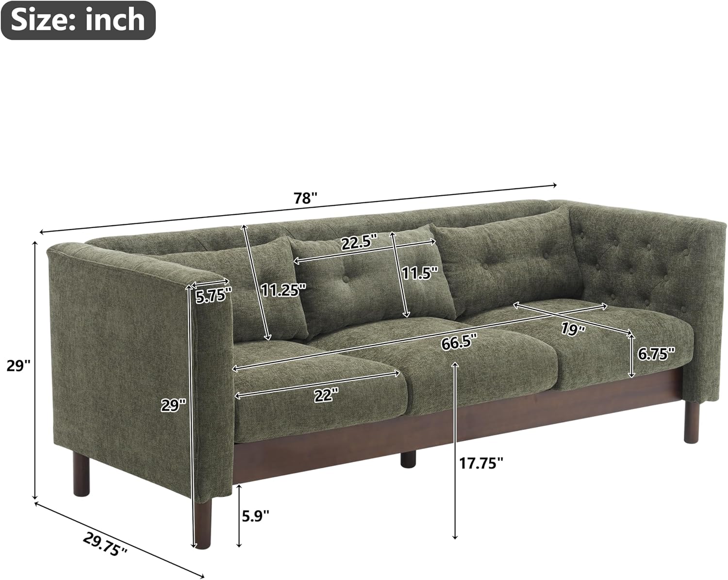 Christopher Knight Home Marloo 3 Seater Sofa Couch, Upholstered Couch, Linen-Like Tufted Back Sofa with Arm Rest, Rubberwood Legs, 78' Spacious Seating for Living Room Home Rest, Dark Green