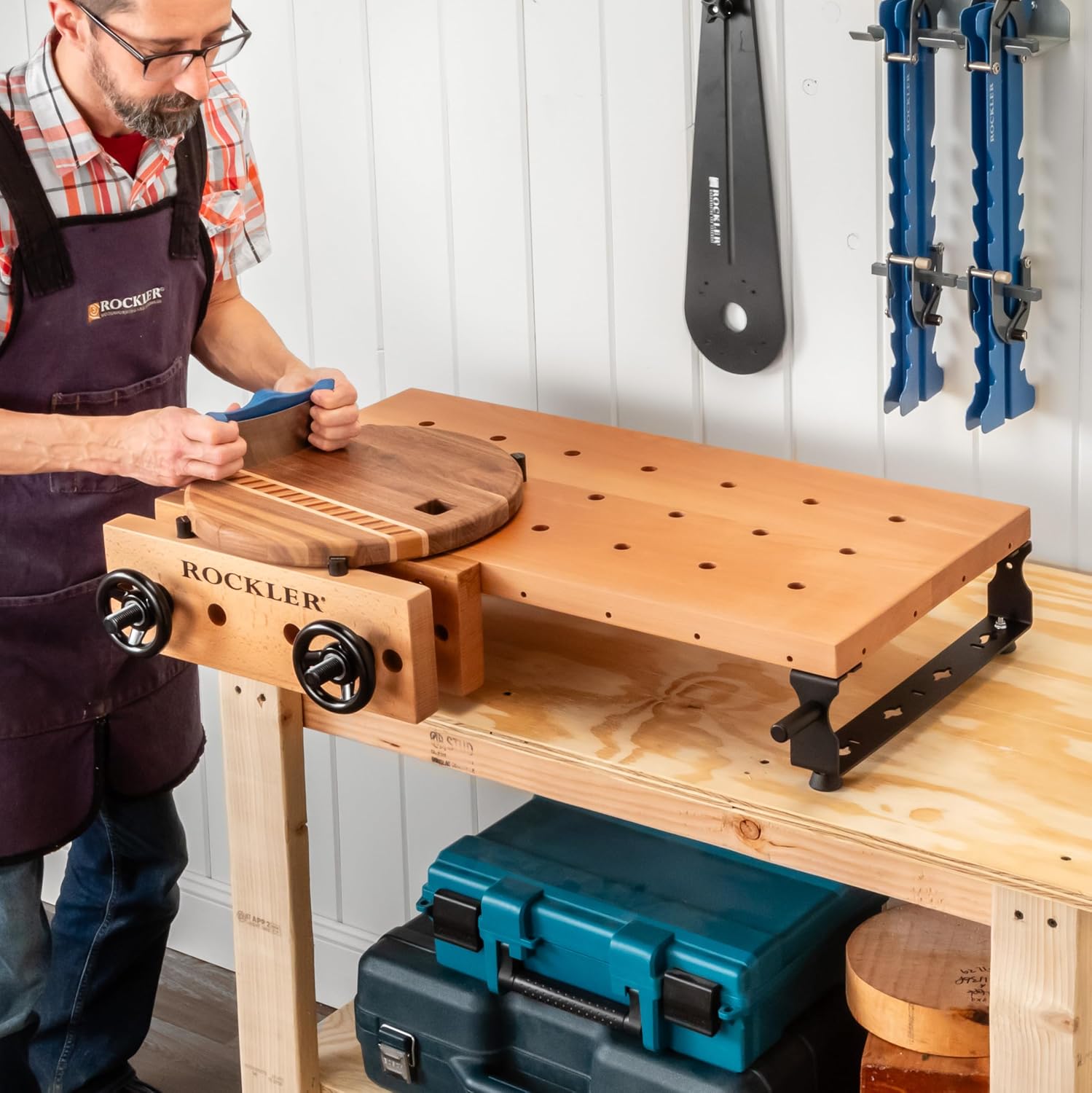 Rockler Handy Bench Portable Woodworking Workbench with Moxon Vise - 16x32 Solid Beech Benchtop, 4x4 Dog Hole Grid - Adjustable Steel Base Brackets, Compact Work Table for Garage or Shop