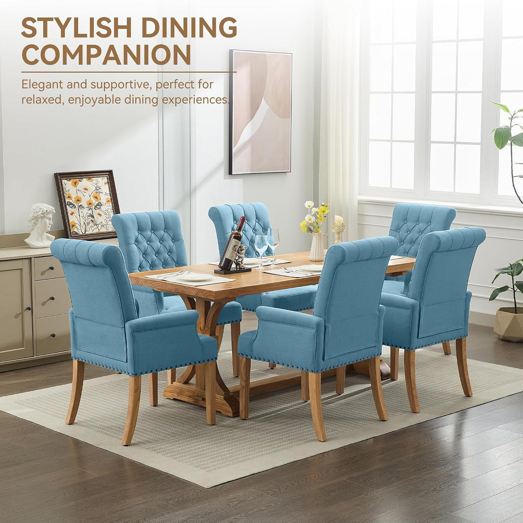 WUTUTUEE Fabric Dining Chair with Arms, Upholstered Tufted High Back Dining Room Chairs, Accent Armchair with Solid Wood Leg and Nailhead Trim, Kitchen Dining Living Room, Blue