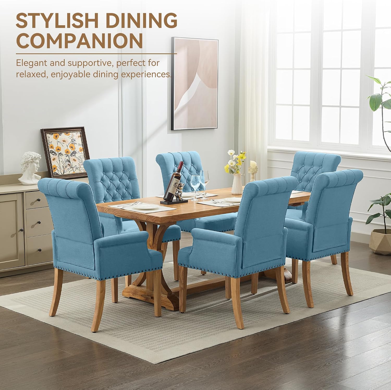 WUTUTUEE Fabric Dining Chair with Arms, Upholstered Tufted High Back Dining Room Chairs, Accent Armchair with Solid Wood Leg and Nailhead Trim, Kitchen Dining Living Room, Blue