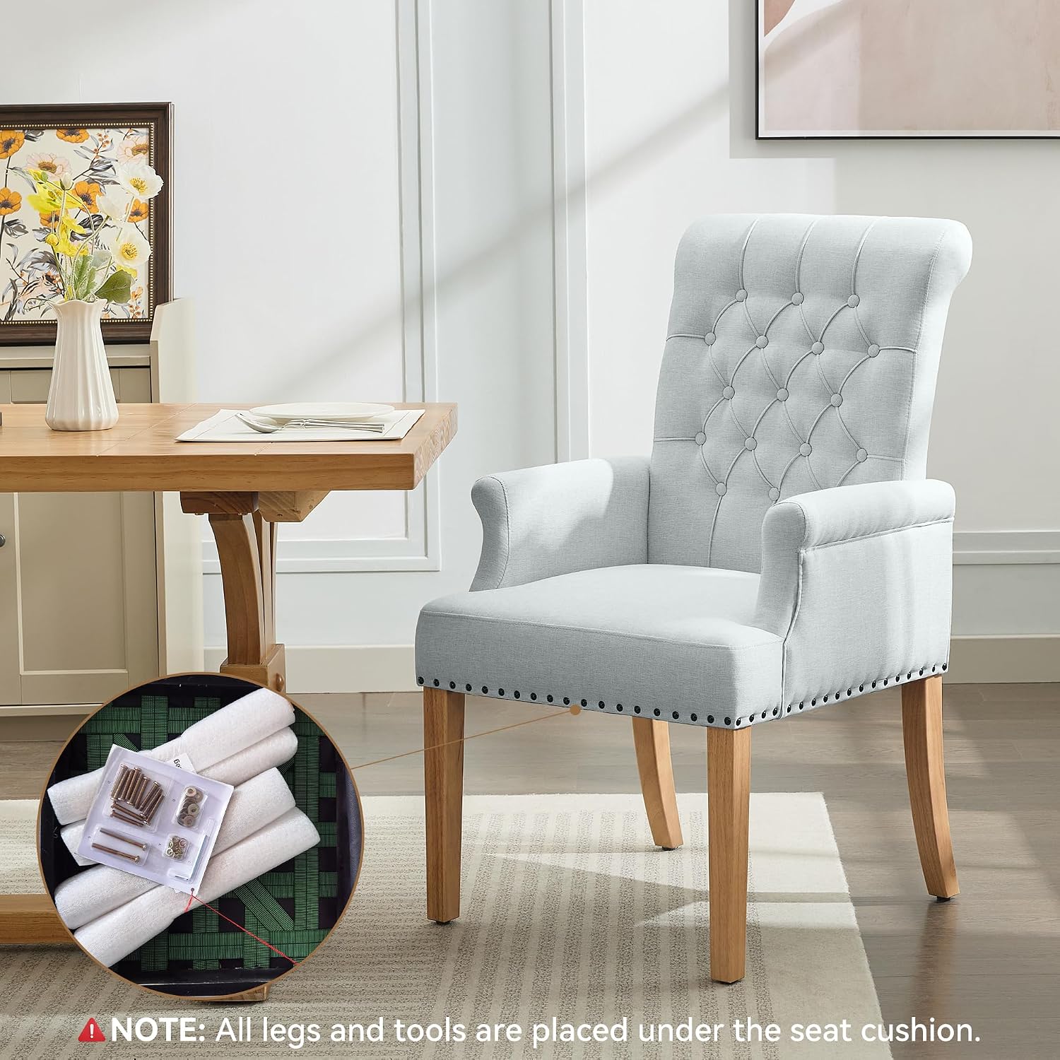 WUTUTUEE Fabric Dining Chair with Arms, Upholstered Tufted High Back Dining Room Chairs, Accent Armchair with Solid Wood Leg and Nailhead Trim, Kitchen Dining Living Room, Sky Blue