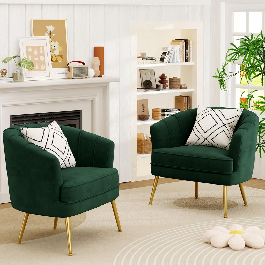 Andeworld Velvet Accent Chair Set of 2, Upholstered Modern Single Sofa Side Chair,Comfy Barrel Club Living Room Armchair with Golden Metal Legs for Bedroom Living Reading Room Office, Green