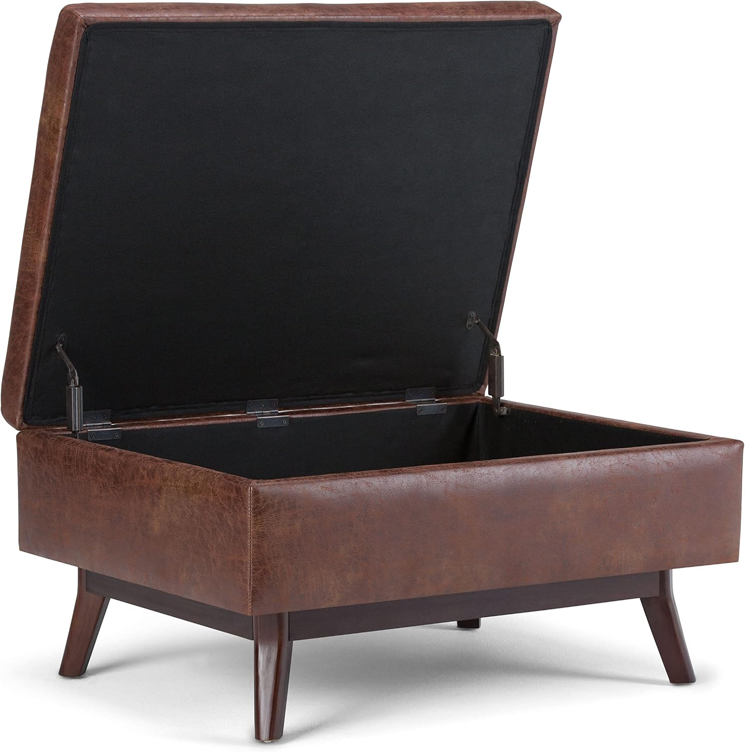 SIMPLIHOME Owen Coffee Table Storage Ottoman - 34' Wide x 19' High Upholstered Vegan Leather Rectangular Lift-Top Ottoman in Distressed Saddle Brown, Mid-Century Modern Bench with Tapered Legs
