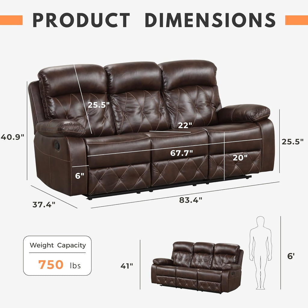 24/7 Shop at Home Skylar Transitional Breathable Leather Recliner Sofa with Diamond Stitching, Manual Home Theater Seating for Living Room, Bedroom, Brown