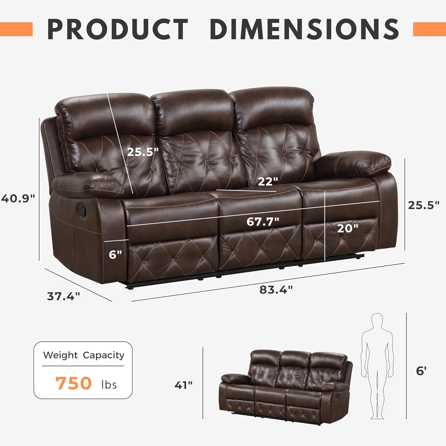 24/7 Shop at Home Skylar Transitional Breathable Leather Recliner Sofa with Diamond Stitching, Manual Home Theater Seating for Living Room, Bedroom, Brown