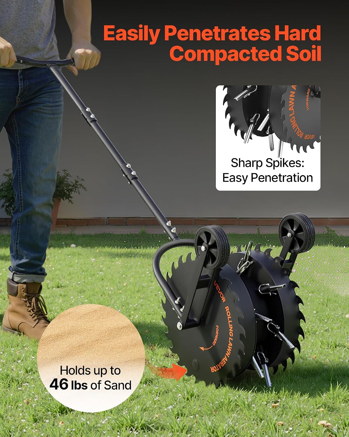 VEVOR Rolling Lawn Core Aerator, 16.6 in Coring Aerator Roller with Anti-Clog Tines, Heavy Duty & Rust-Resistant, Yard Grass Pulling Plugs Manual Aeration Tool for Compacted Garden Soil Loosening