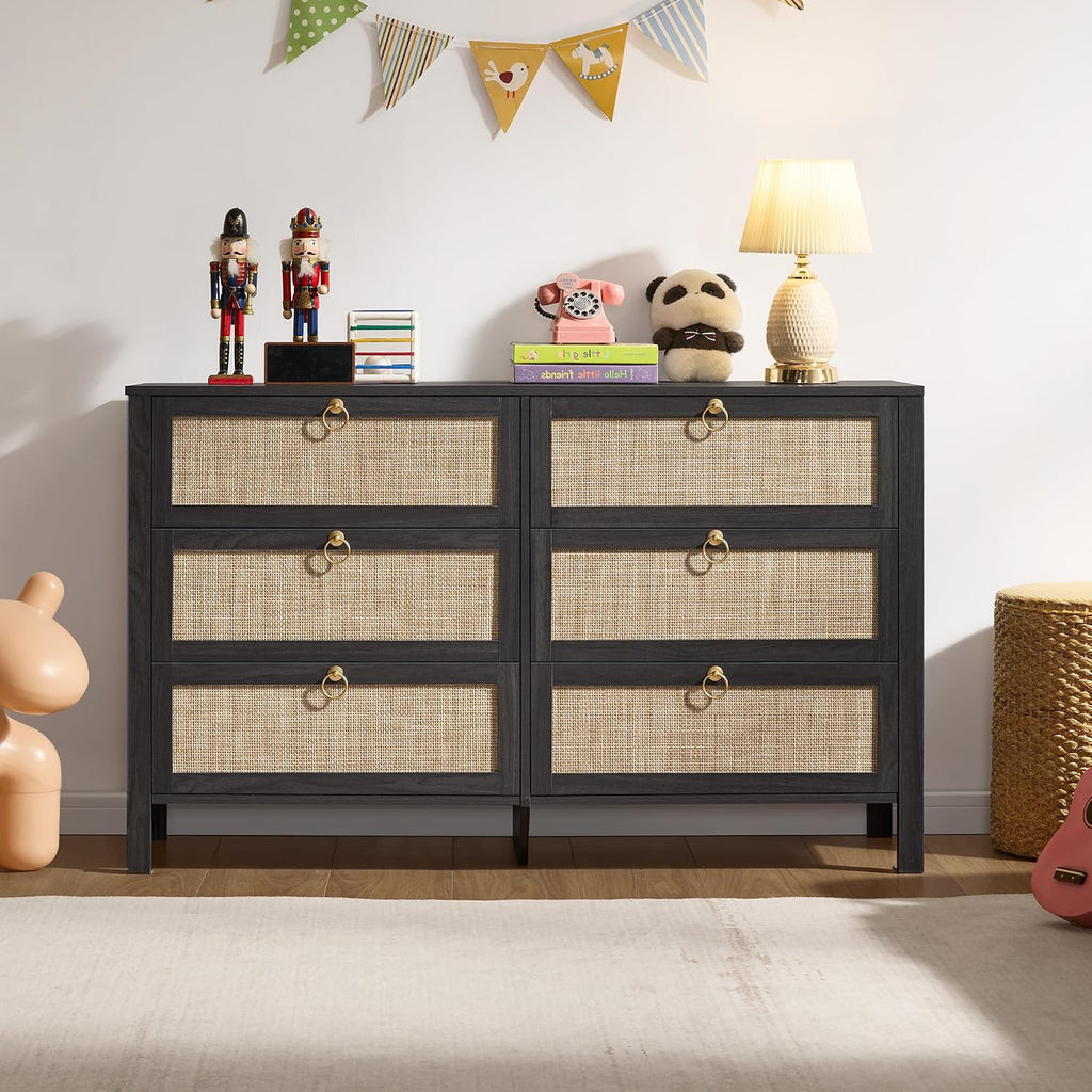 SICOTAS 6 Drawer Dresser for Bedroom - 51' Wide Rattan Dressers Chest of Drawers for Closet, Larger Storage Cabinet Farmhouse Boho Dresser TV Stand for Living Dining Room, Hallway, Black