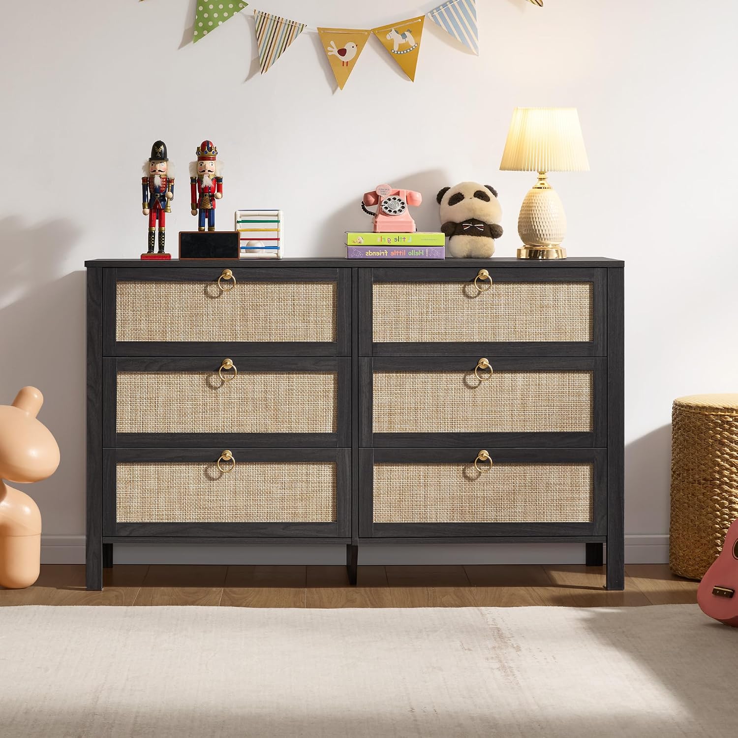 SICOTAS 6 Drawer Dresser for Bedroom - 51' Wide Rattan Dressers Chest of Drawers for Closet, Larger Storage Cabinet Farmhouse Boho Dresser TV Stand for Living Dining Room, Hallway, Black