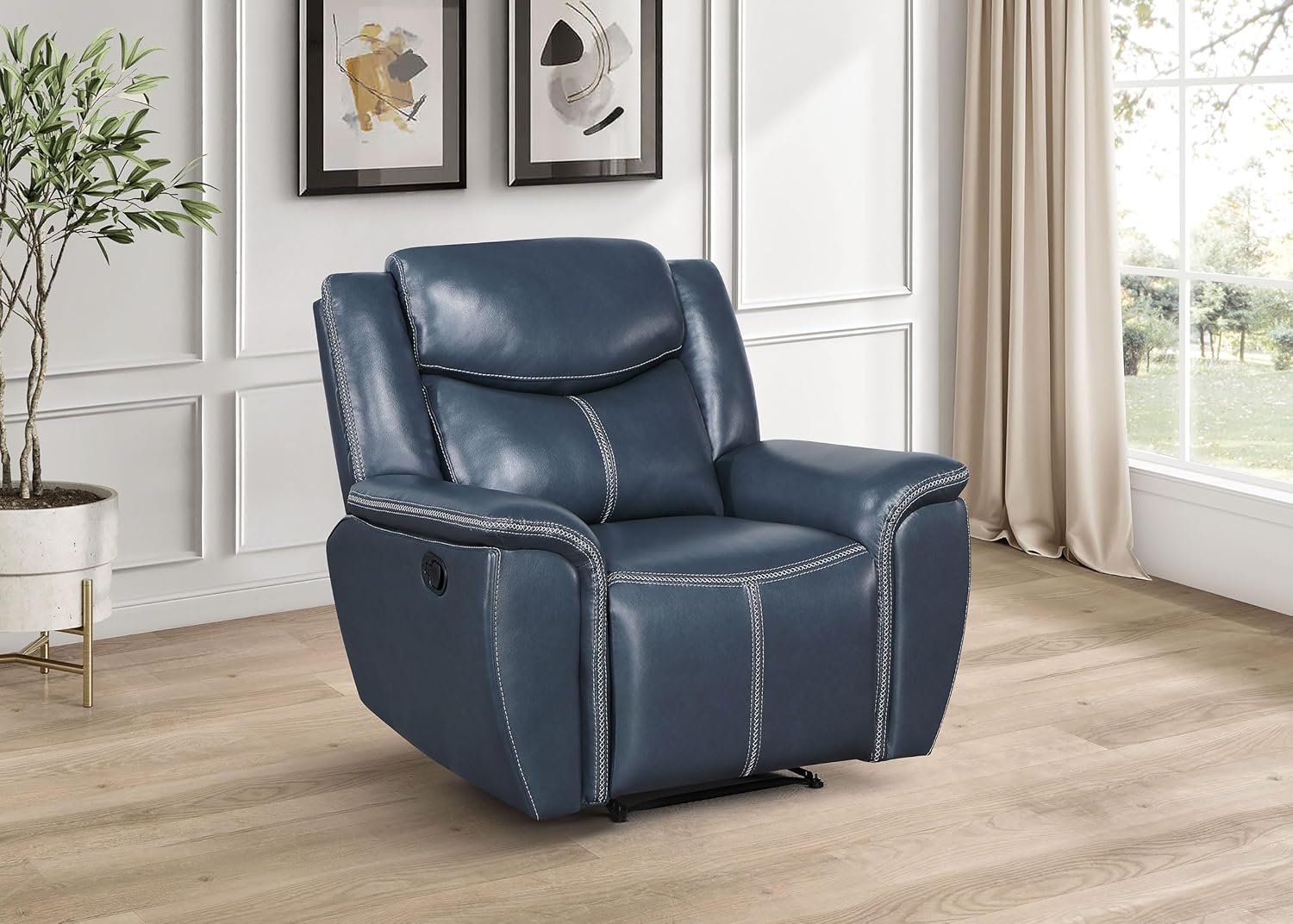 Coaster Home Furnishings - Sloane - Faux Leather Upholstered Recliner Chair with Manual Reclining, Padded Arms, and Pull Handle - Living Room - Blue - 610273