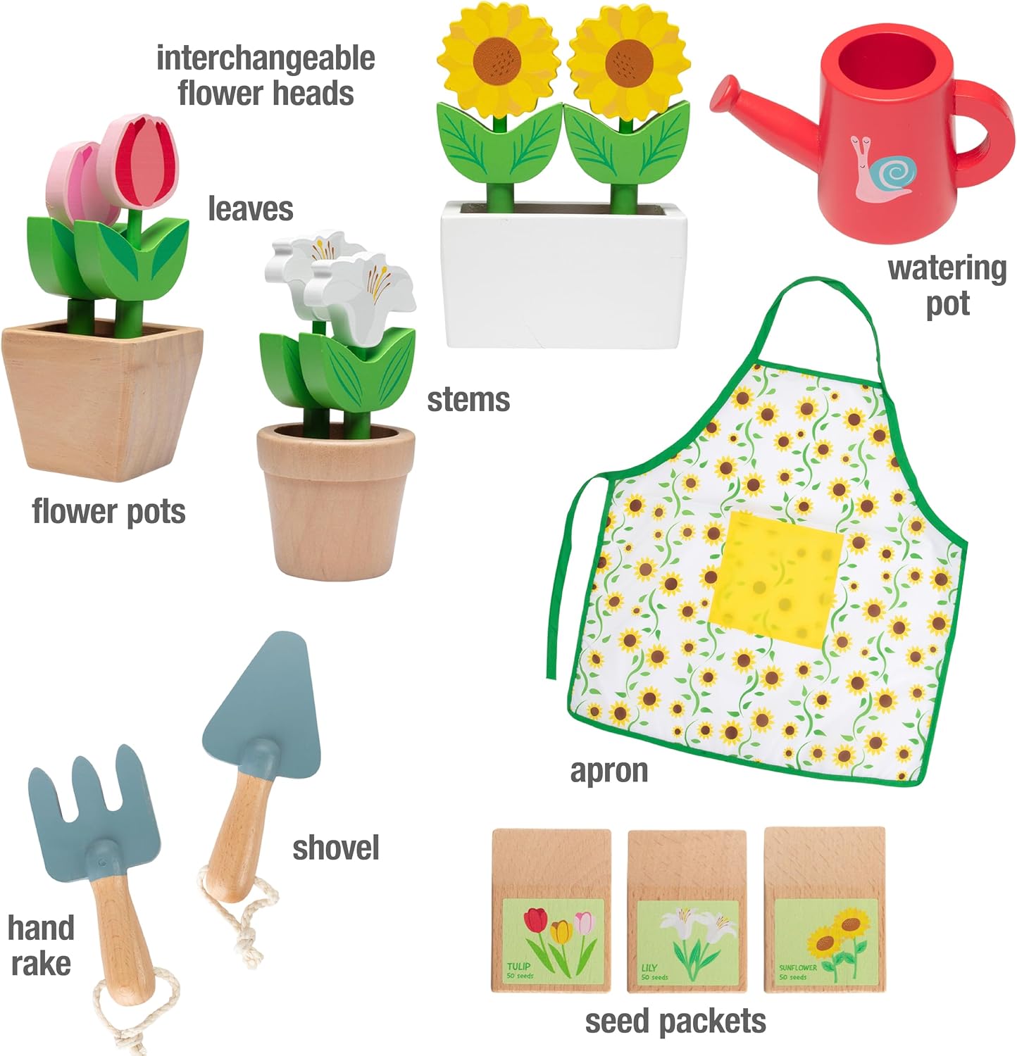 Bloom & Grow Gardening Center Wooden Toy Indoor Playset- 22 Pc Garden Stand Set w Flowers, Seed Packet, Pots Shovel Rake Apron Watering Pot- Interactive Fun Pretend Playtime Activity, Kids Summer Gift
