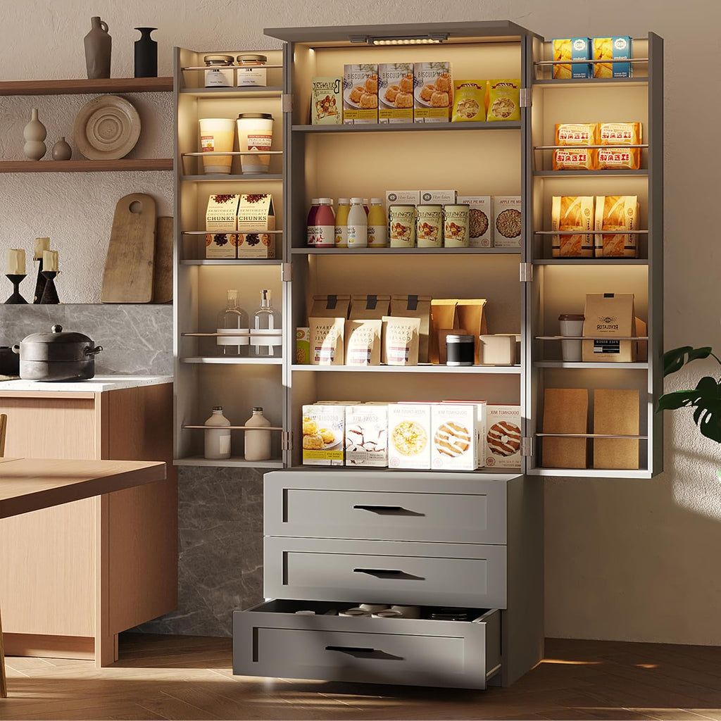 FJTJBSI 72' LED Kitchen Pantry Cabinet with 3 Drawers Farmhouse Tall Storage Cabinet Wood Food Pantry with Barn Doors and Adjustable Shelves Versatile Storage Freestanding Cupboard for Kitchen