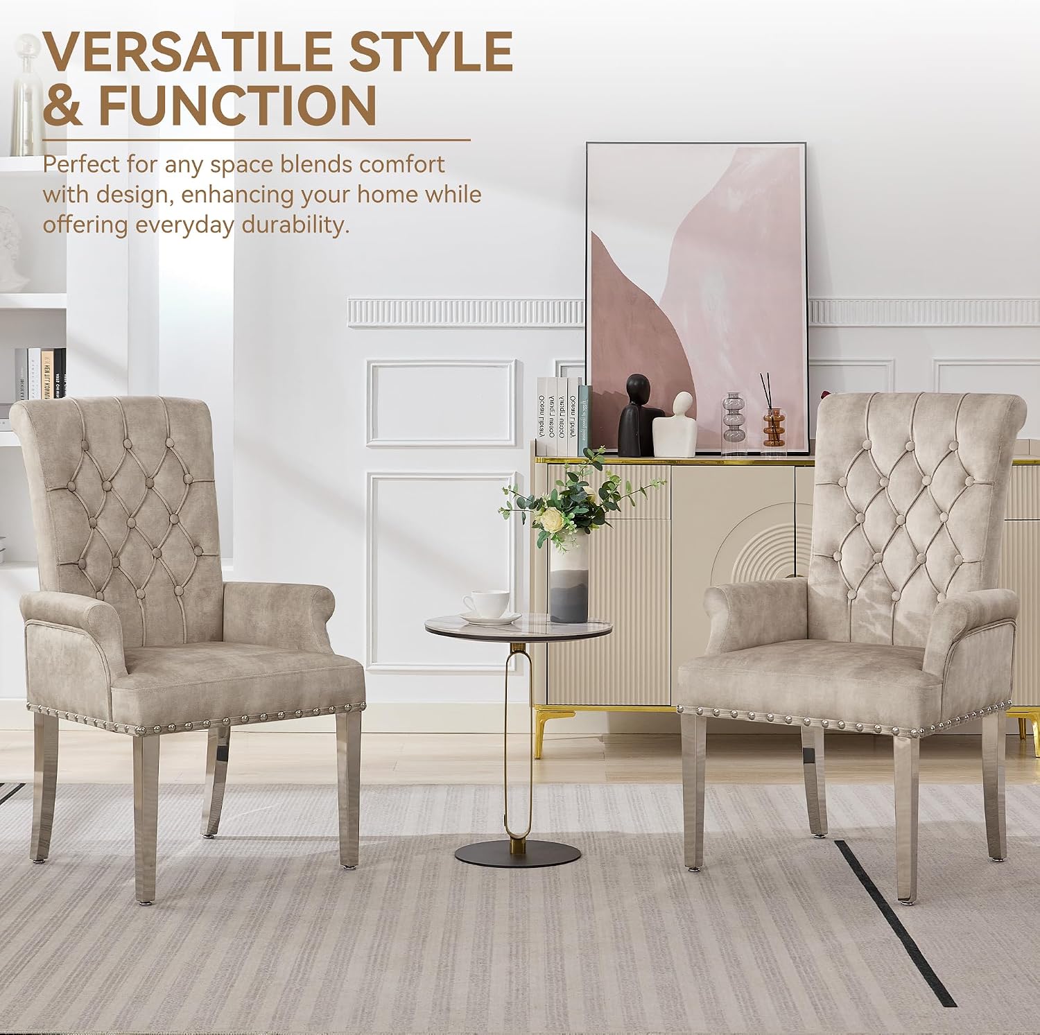 WUTUTUEE Velvet Dining Chair with Arms, Upholstered Tufted High Back Dining Room Chairs, Accent Armchair with Chrome Leg and Nailhead Trim, Kitchen Dining Living Room, Beige (Ivory)