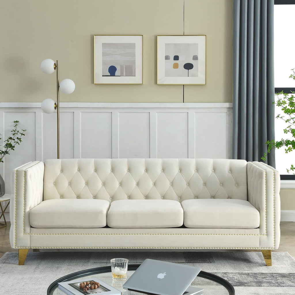 KEIKI 3 Seat Tufted Velvet Sofa Couch for Living Room, Buttons Tufted Square Arm Couch for Home Apartment, Beige