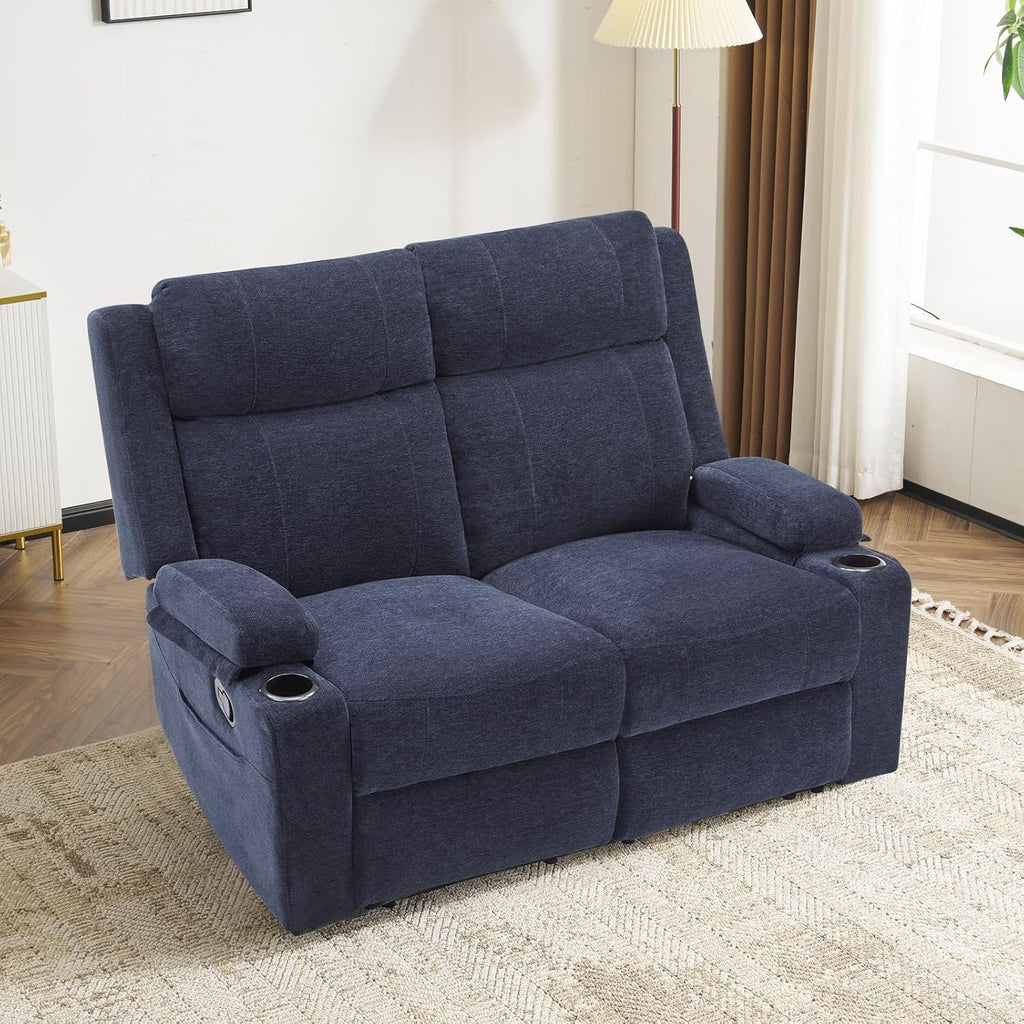 Loveseat Recliner, Double Recliner Loveseat with Adjustable Footrest & Cup Holder, Wall Hugger Recliner for Living Room & Home Theater & RV(Blue)