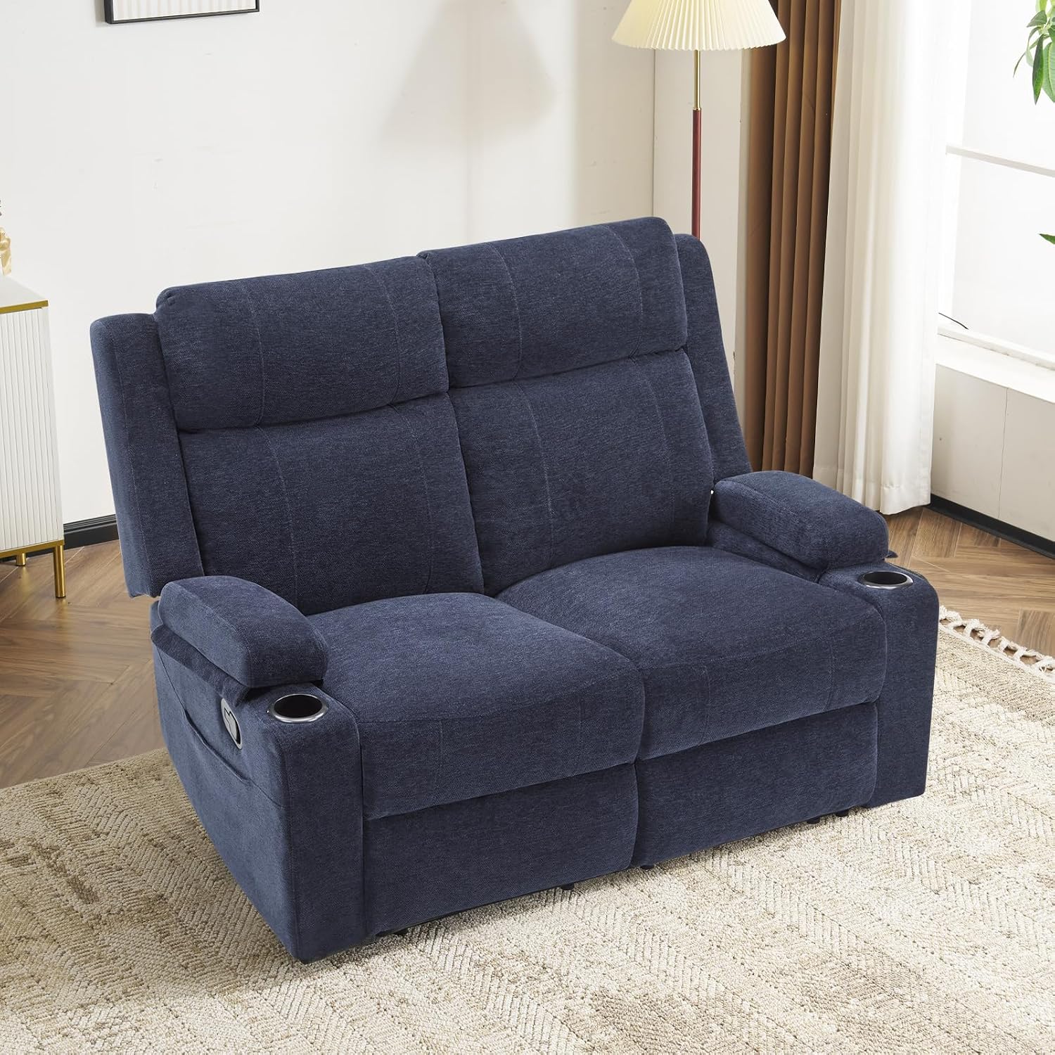 Loveseat Recliner, Double Recliner Loveseat with Adjustable Footrest & Cup Holder, Wall Hugger Recliner for Living Room & Home Theater & RV(Blue)