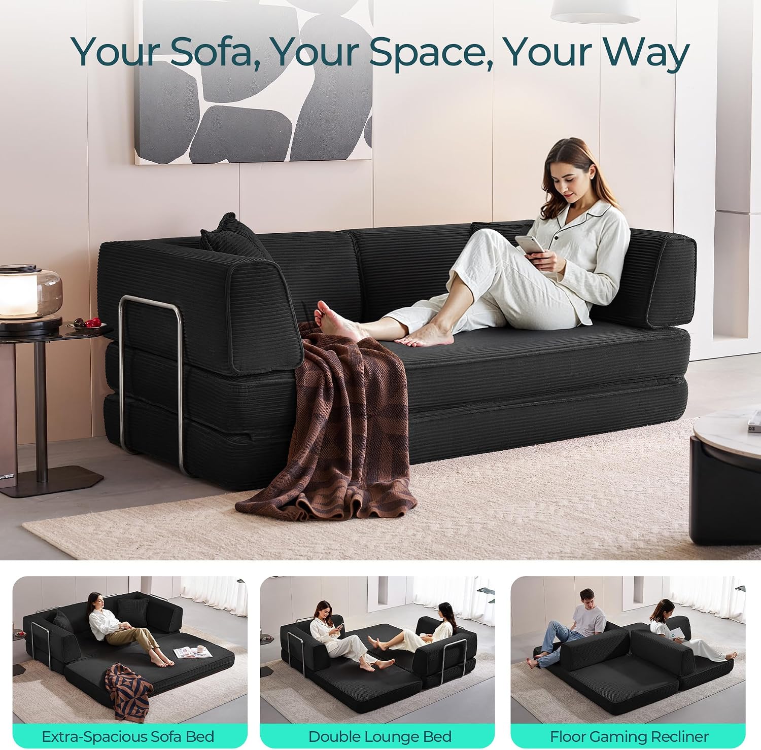 LINSY HOME Sofa Bed Couch - Convertible Boneless Couch Bed with 2 Pillow (Black) | Folding Sofa Bed