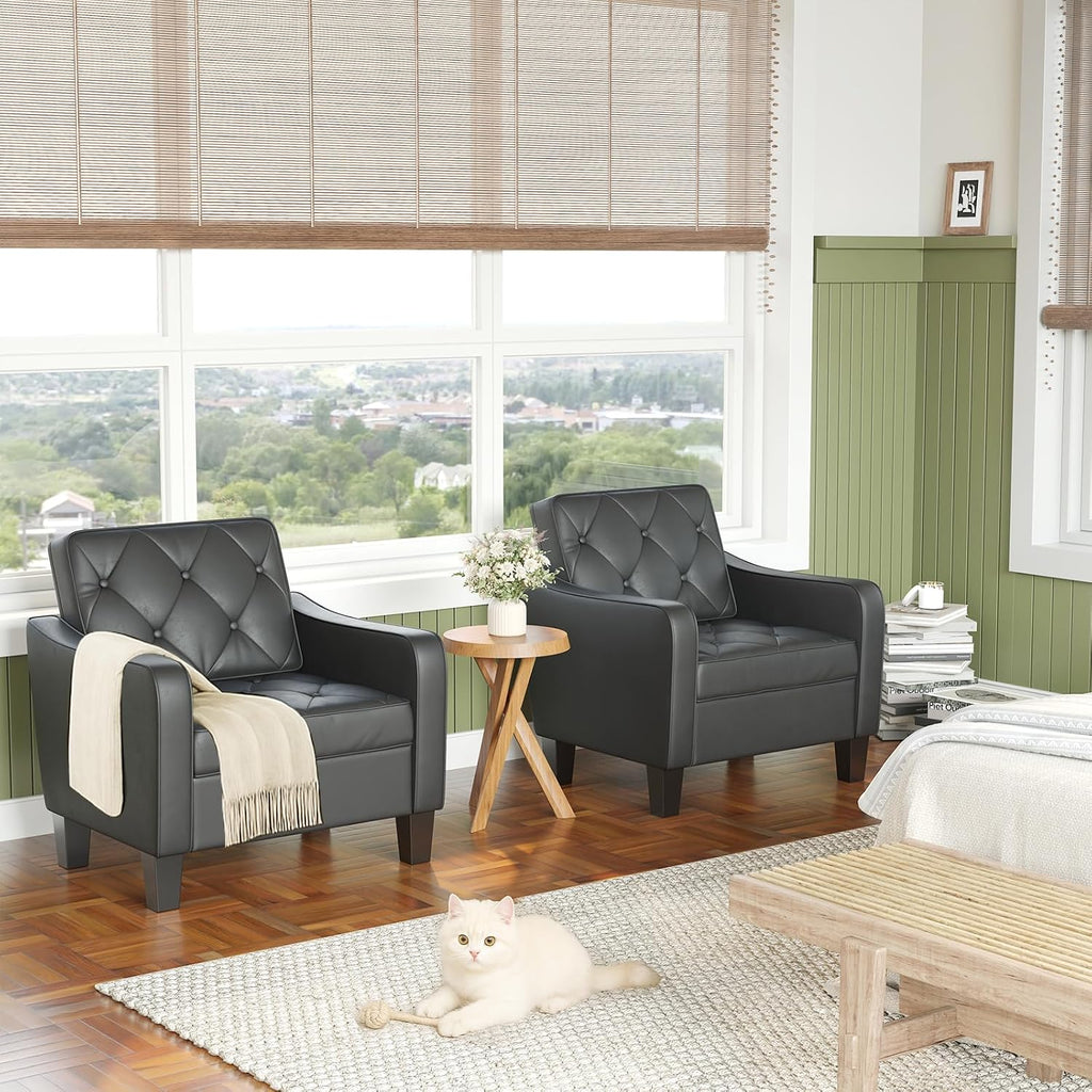 STHOUYN Living Room Arm Chairs Set of 2, Black Faux Leather Accent Chair, Waiting Room Chairs, Office Reading Chair for Guest (2, Black)