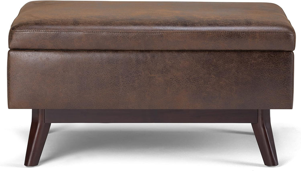 SIMPLIHOME Owen Coffee Table Storage Ottoman - 34' Wide x 19' High Upholstered Vegan Leather Rectangular Lift-Top Ottoman in Distressed Chestnut Brown, Mid-Century Modern Bench with Tapered Legs