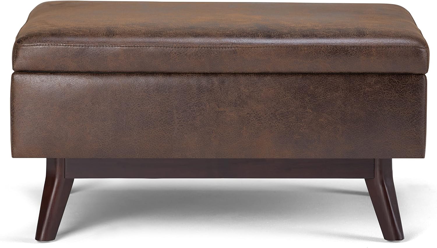 SIMPLIHOME Owen Coffee Table Storage Ottoman - 34' Wide x 19' High Upholstered Vegan Leather Rectangular Lift-Top Ottoman in Distressed Chestnut Brown, Mid-Century Modern Bench with Tapered Legs