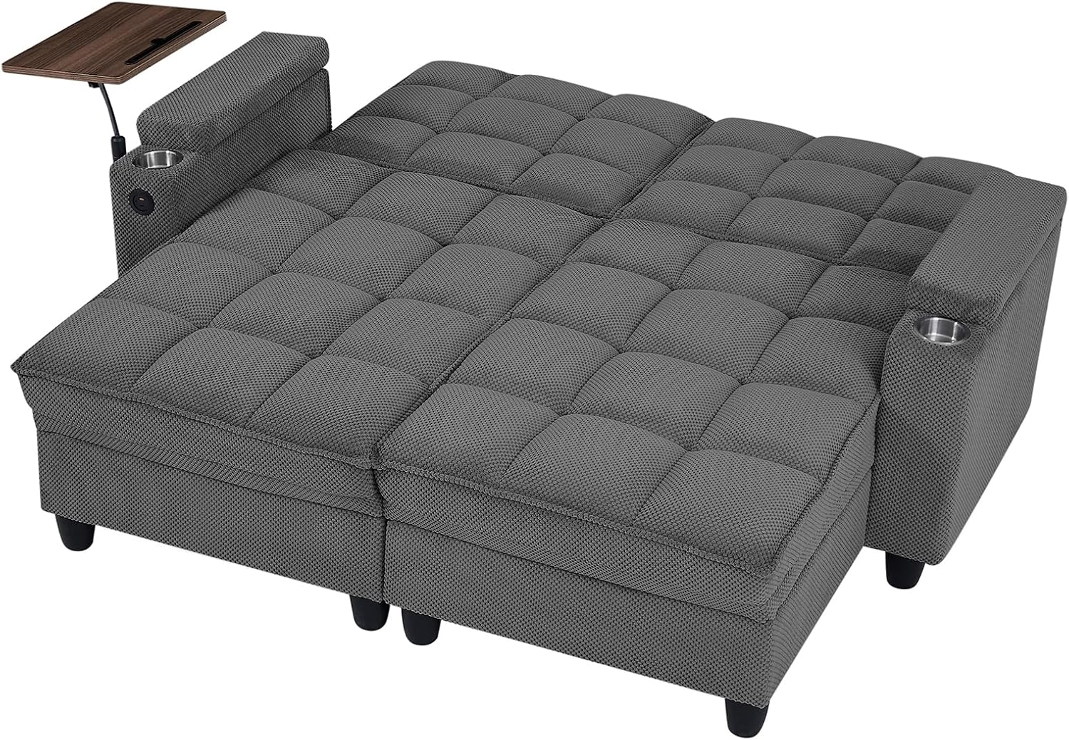 Eafurn Double Chaise Lounge Convertible Sleeper Chair Sofabed W/Storage and 6-Position Reclining Backrest, Modern Tufted Recliner Lounge Chaise Couch with Swivel Table & USB for Living Room
