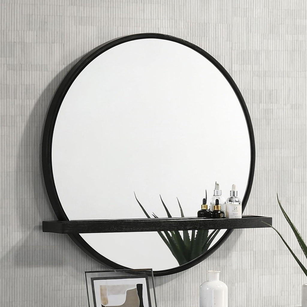 Coaster Home Furnishings Arini Coastal Round Wall Mounted Vanity Mirror for Bedroom with Jewelry Storage Shelf Black 224338