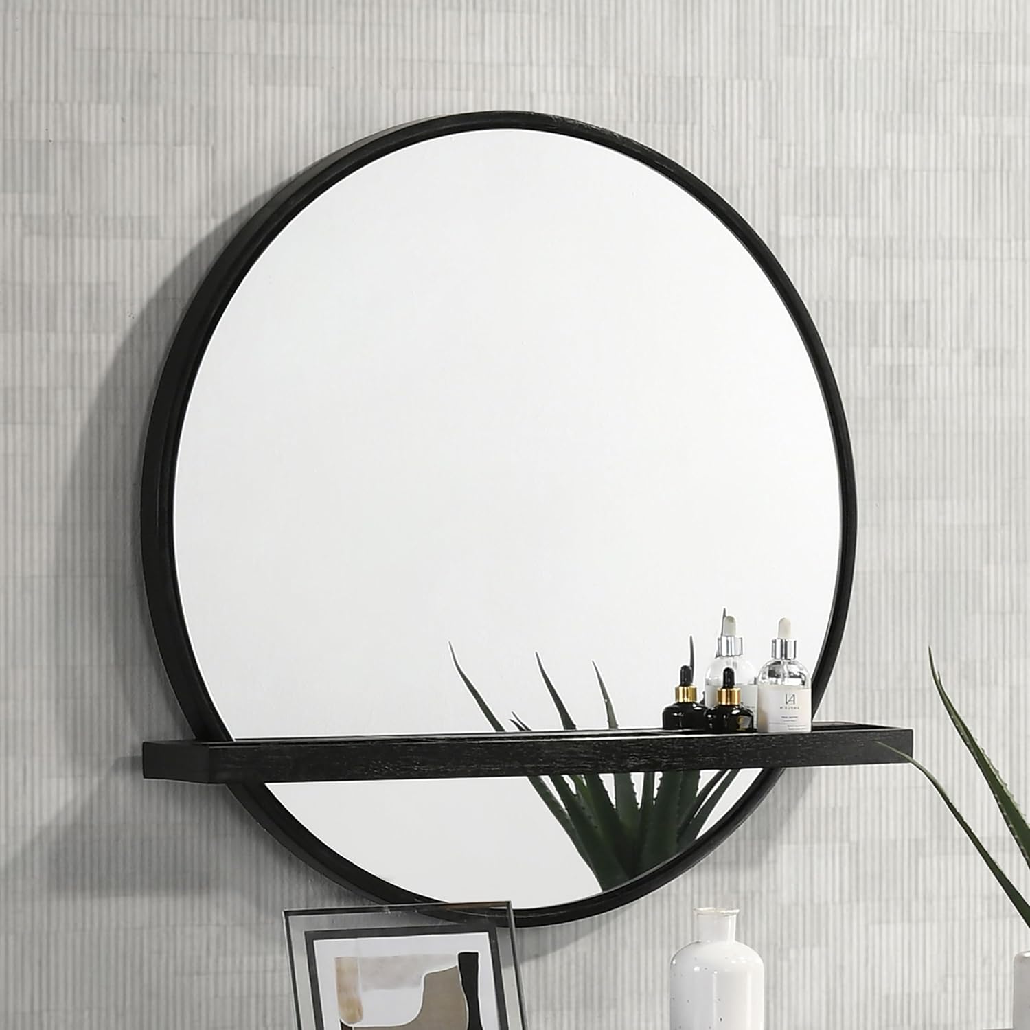 Coaster Home Furnishings Arini Coastal Round Wall Mounted Vanity Mirror for Bedroom with Jewelry Storage Shelf Black 224338