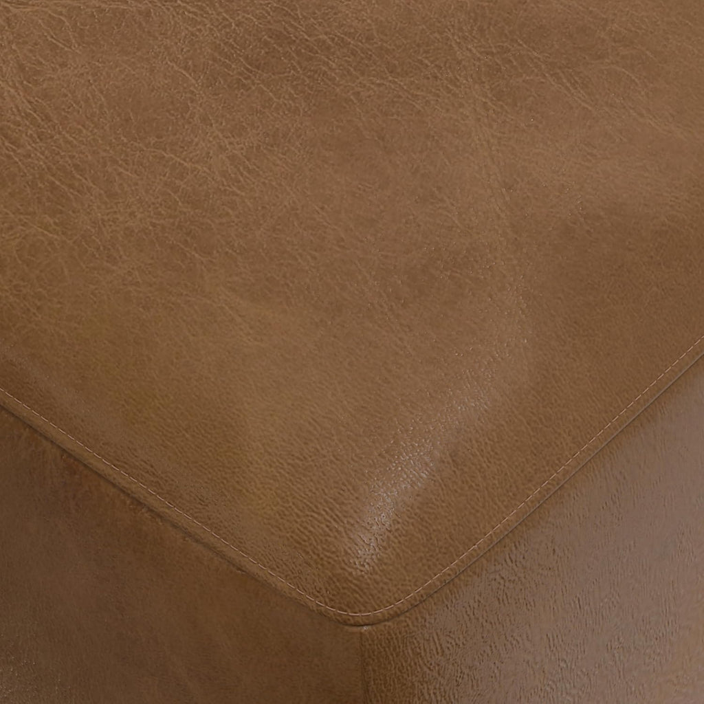 SIMPLIHOME Rex Ottoman - 34 inch Wide Upholstered Genuine Leather Square Ottoman in Caramel Brown, Modern Bench for Living Room or Bedroom with High-Density Cushion, Assembled