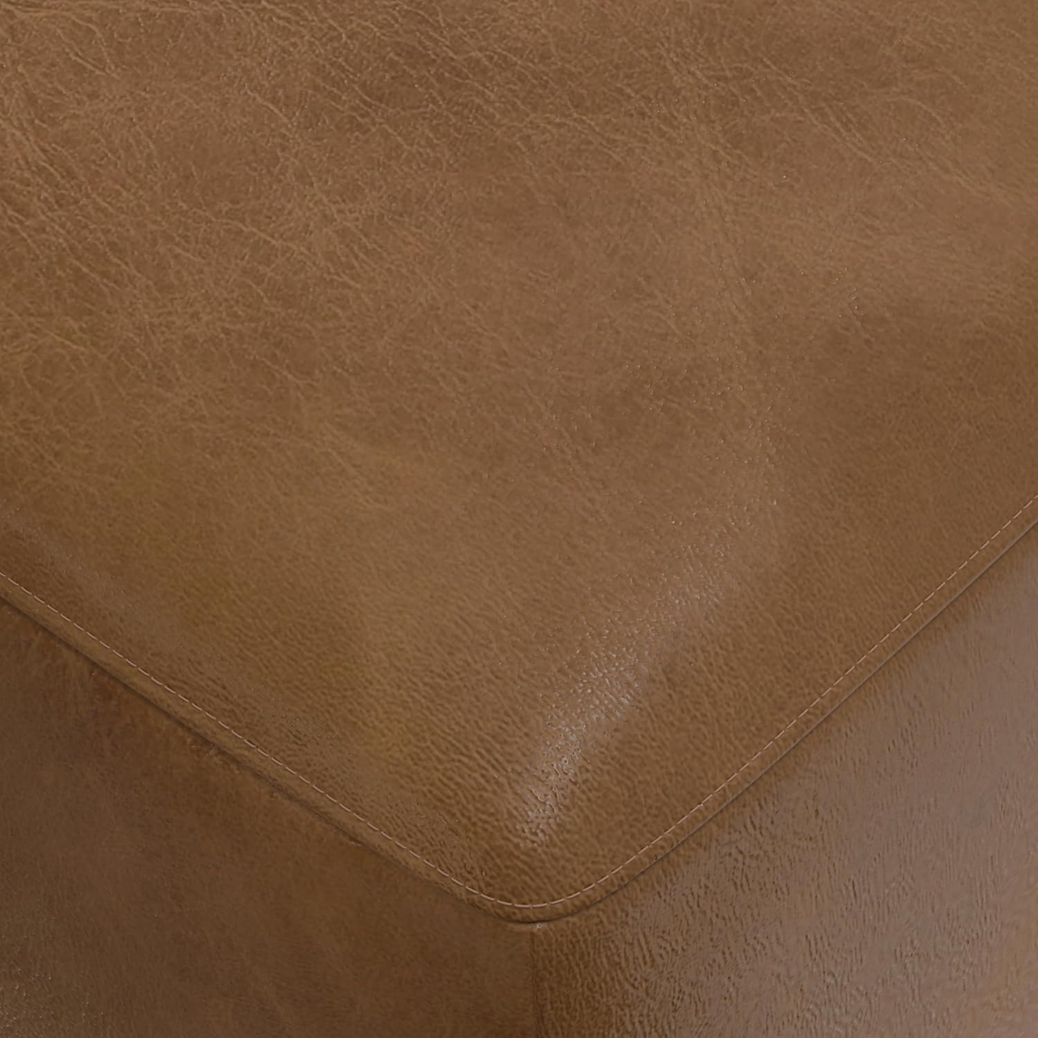 SIMPLIHOME Rex Ottoman - 34 inch Wide Upholstered Genuine Leather Square Ottoman in Caramel Brown, Modern Bench for Living Room or Bedroom with High-Density Cushion, Assembled