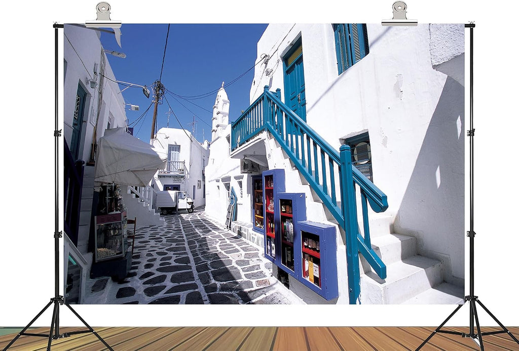 20x10ft Fabric Mykonos Greece Narrow Alley with Blue Staircase and Shops Backdrop Vibrant Travel Background for Summer Themed Party Decorations Home Wall Hanging Tapestry Photo Booth Props