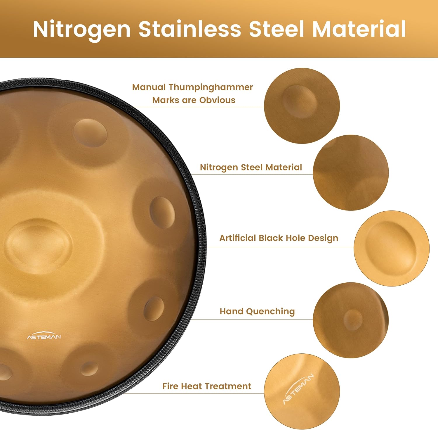 AS TEMAN HANDPAN Drum D minor 9 notes 22 inches, 432Hz, with gold finish, carrying bag, stand, cleaning cloth, drumstick.