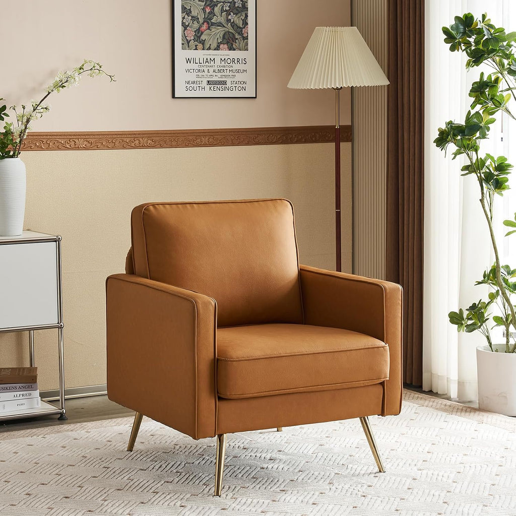 VINGLI PU Leather Accent Chair, Mid-Century Modern Living Room Chairs with Removable Cushions, Gold Legs, Upholstered Sofa Armchair for Bedroom, Office, Apartment, Play Room