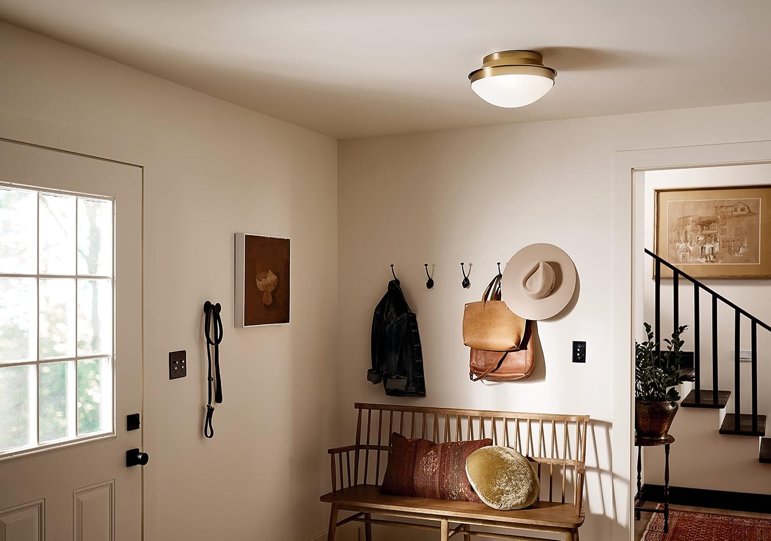 Kichler Bretta 2 Light Flush Mount Ceiling Light in Brushed Natural Brass with Satin Etched Glass, (7.25' H x 13.5' Dia), 52544BNB