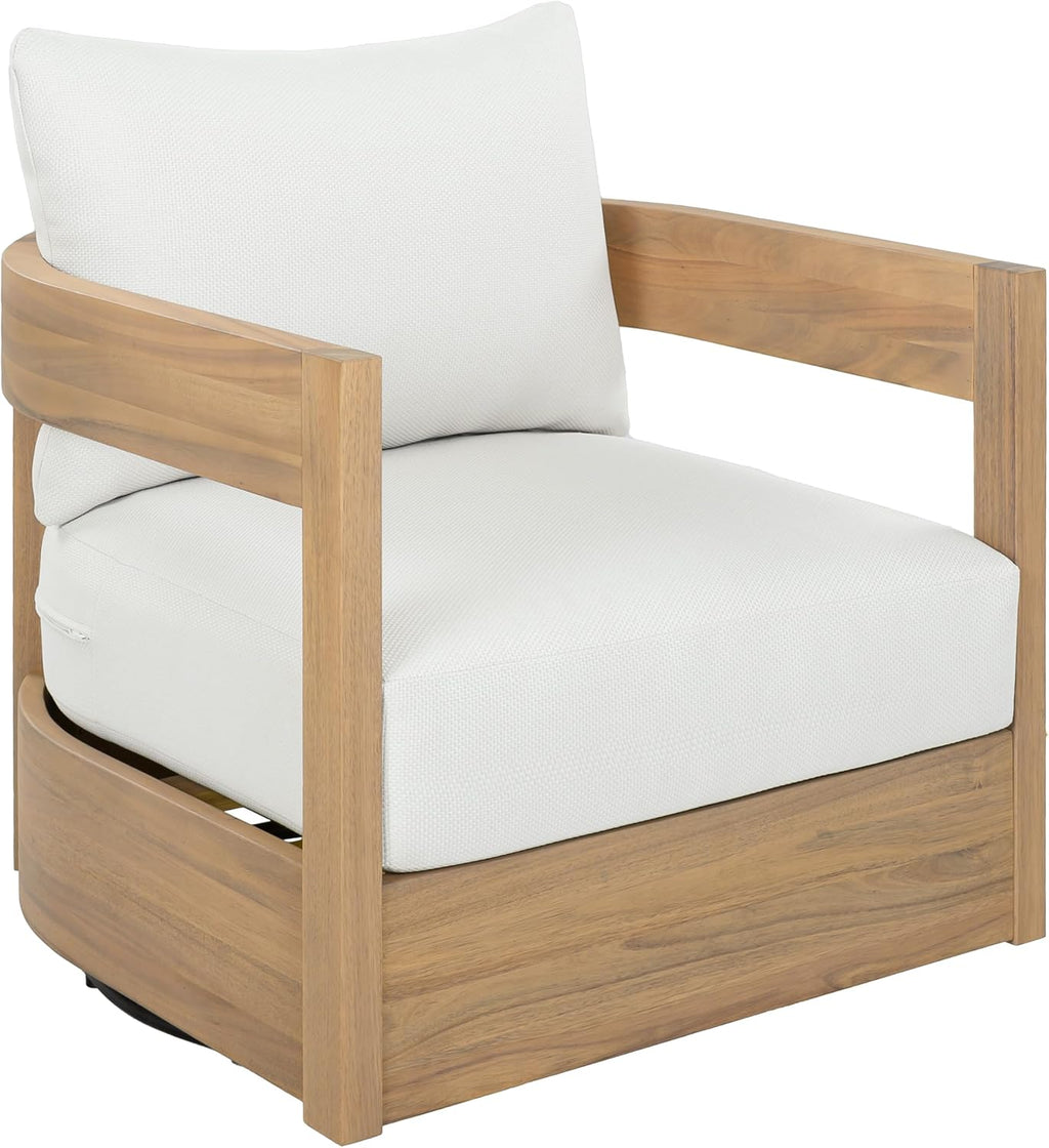 SAFAVIEH Outdoor - Kento Swivel Lounge Chair - Oak & Ivory - Solid Wood with Cushion - Modern Round Design - Ideal for Patio, Deck, Porch, Backyard, 27.5' W x 33' D x 29.1' H (PAT7099B)