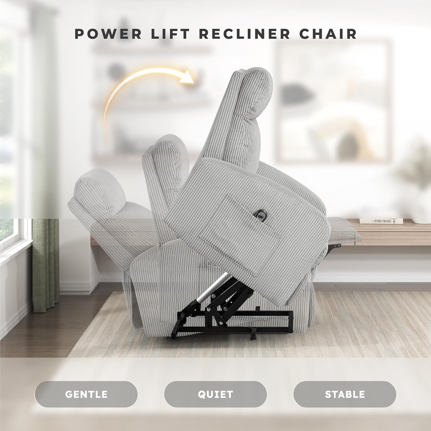 Lexicon Power Lift Recliner Chair for Elderly with Remote Control, Gentle Lift Motion, Side Pocket Armrest, Corduroy Upholstered Electric Recliner for Living Room/Bedroom, Easy Assembly, Light Gray