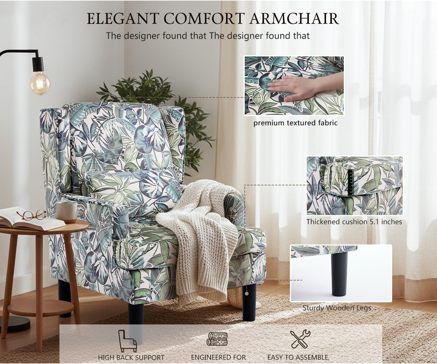Modern Accent Chair for Living Room Chairs Oversized Reading Chair Accent Chairs for Living Room Sofa Chair with High Back and Wood Legs,Upholstered Armchair Comfy Chair for Bedroom(Green Floral)