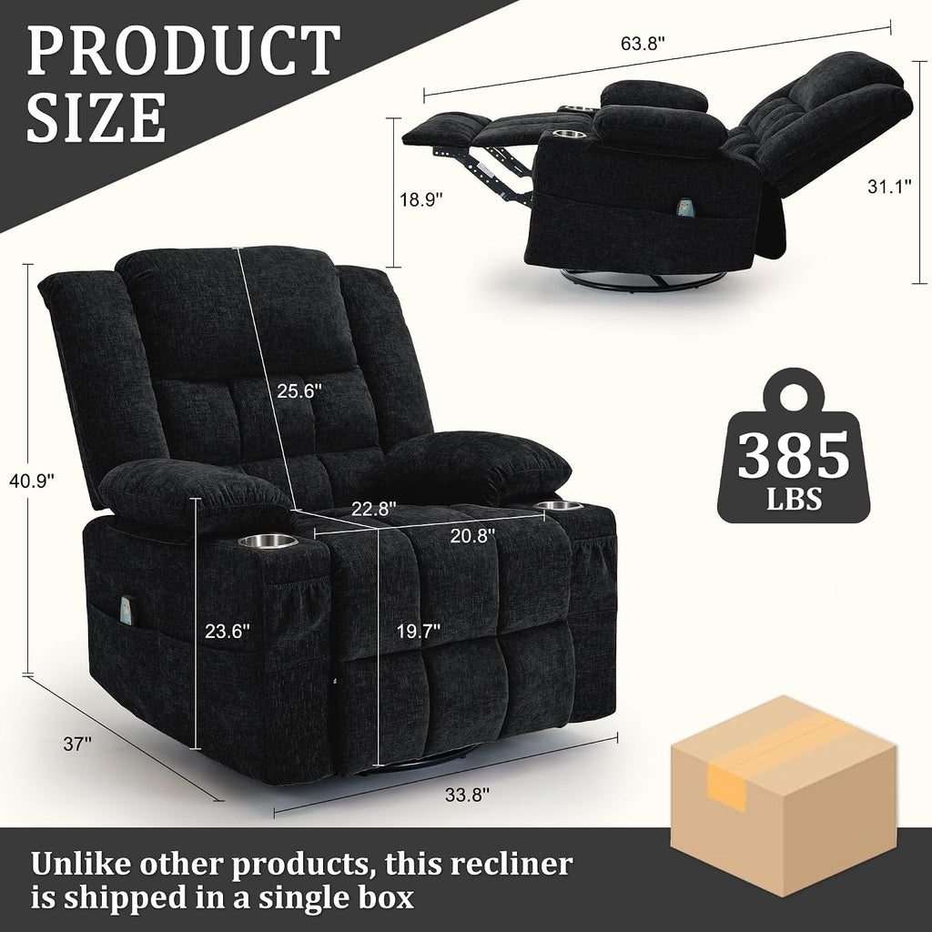 Korser 360° Swivel Rocker Recliner for Adult, Nursery Glider Recliners with Massage & Heating, Rocking Chair with Cup Holder, Manual Recliner Chair for Living Room, Bedroom (Black)