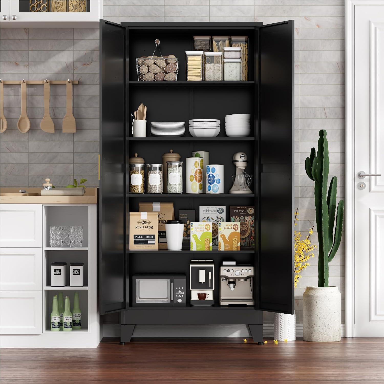 Farmhouse Pantry Cabinet with Barn Doors, 71' H x 31.5' W, 5-Tier Metal Storage Cabinet with 4 Adjustable Shelves for Kitchen Garage Dining Room, Black 1 Pack