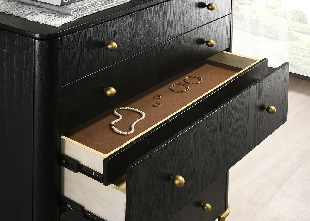 Coaster Home Furnishings - Arini - Wood - 5-Drawer Chest with Rounded Corners, Gold Knobs, Hidden Drawer and Wire-Brushed Finish - Coastal - Bedroom - Black - 224335