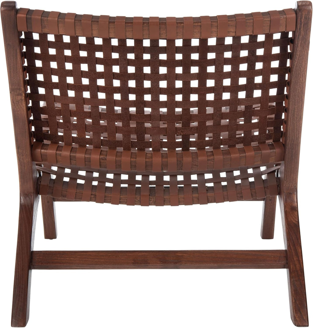 SAFAVIEH Home Collection – Luna Brown & Cognac Leather Woven Accent Chair, Solid Wood Frame, Contemporary Lounge Chair, Fully Assembled (ACH1002B)