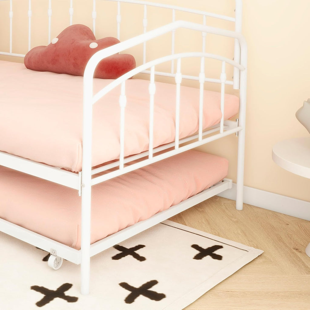Christopher Knight Home Fox Twin Daybed with Trundle, Metal Sofa Bed Set, Rollaway Daybed Couch Bed Frame for Bedroom Living Room Guest Room, Elegant and Simple Style, Anti-Noise, Easy Assembly, White