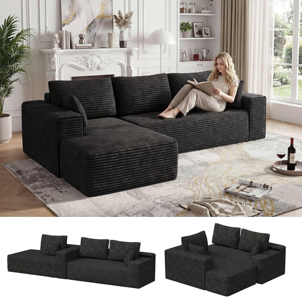 104' Cloud Sectional Couch with L-Shaped Chaise,Modern Modular Sectional Sofa,Corduroy Boneless Couches for Living Room Bedroom,No Assembly Required, 3-Seater (Left Facing Chaise) Black