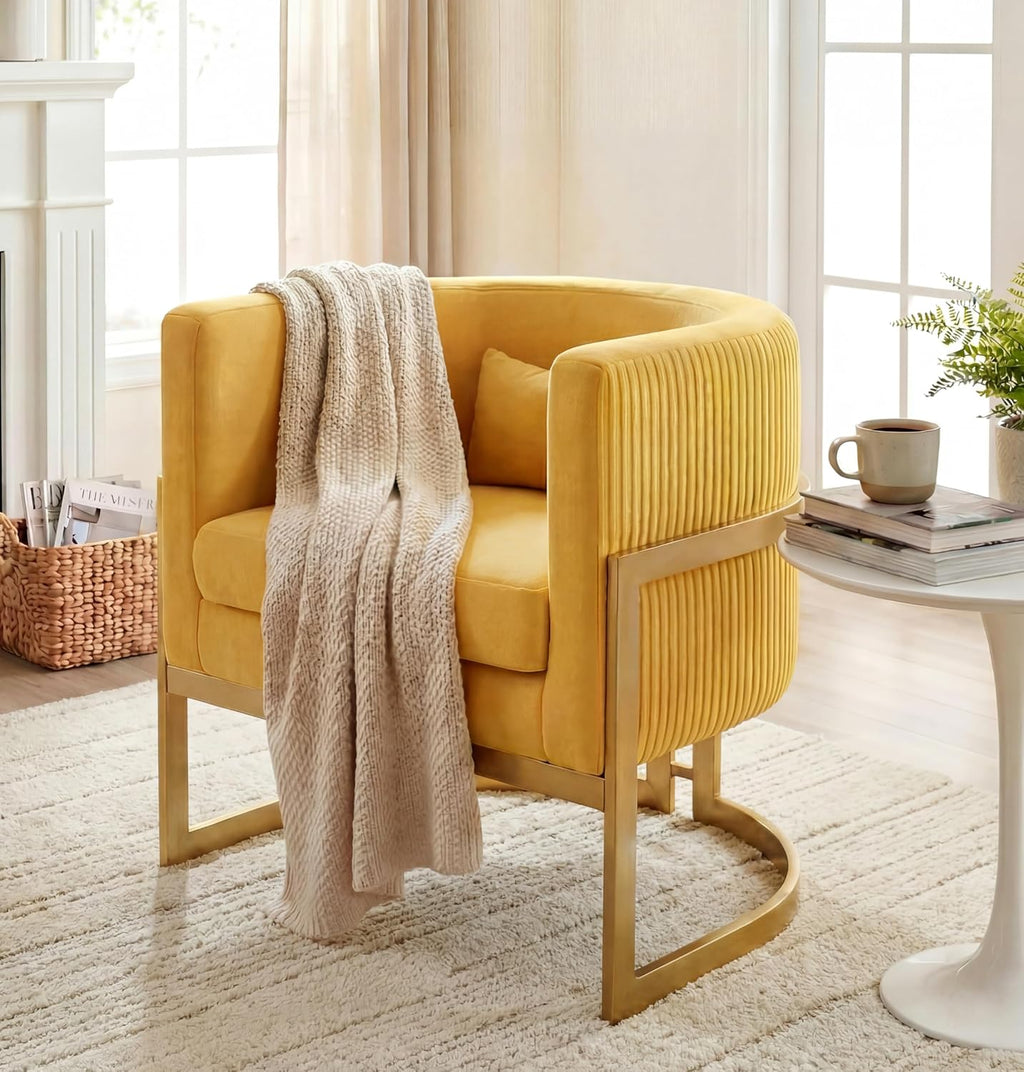 Velvet Accent Chair Yellow Modern Barrel Chair with Gold Legs Upholstered Armchair for Bedroom Living Room Sofa Chair Club Side Chairs