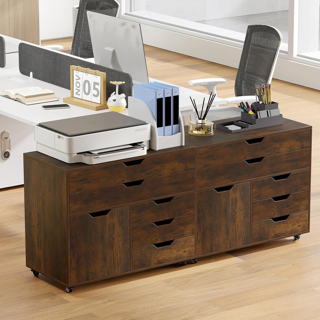 MAT EXPERT 5-Drawer Mobile File Cabinet w/Door, Lateral Filing Cabinet w/5 Universal Wheels, Rolling File Cabinets with Storage, Modern Wood Printer Stand for Home Office, Living Room (Rustic Brown)