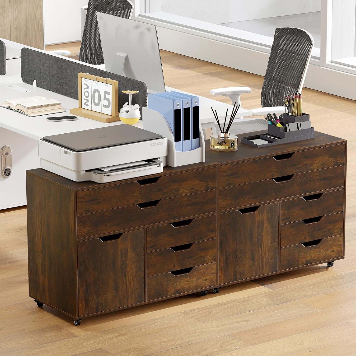 MAT EXPERT 5-Drawer Mobile File Cabinet w/Door, Lateral Filing Cabinet w/5 Universal Wheels, Rolling File Cabinets with Storage, Modern Wood Printer Stand for Home Office, Living Room (Rustic Brown)