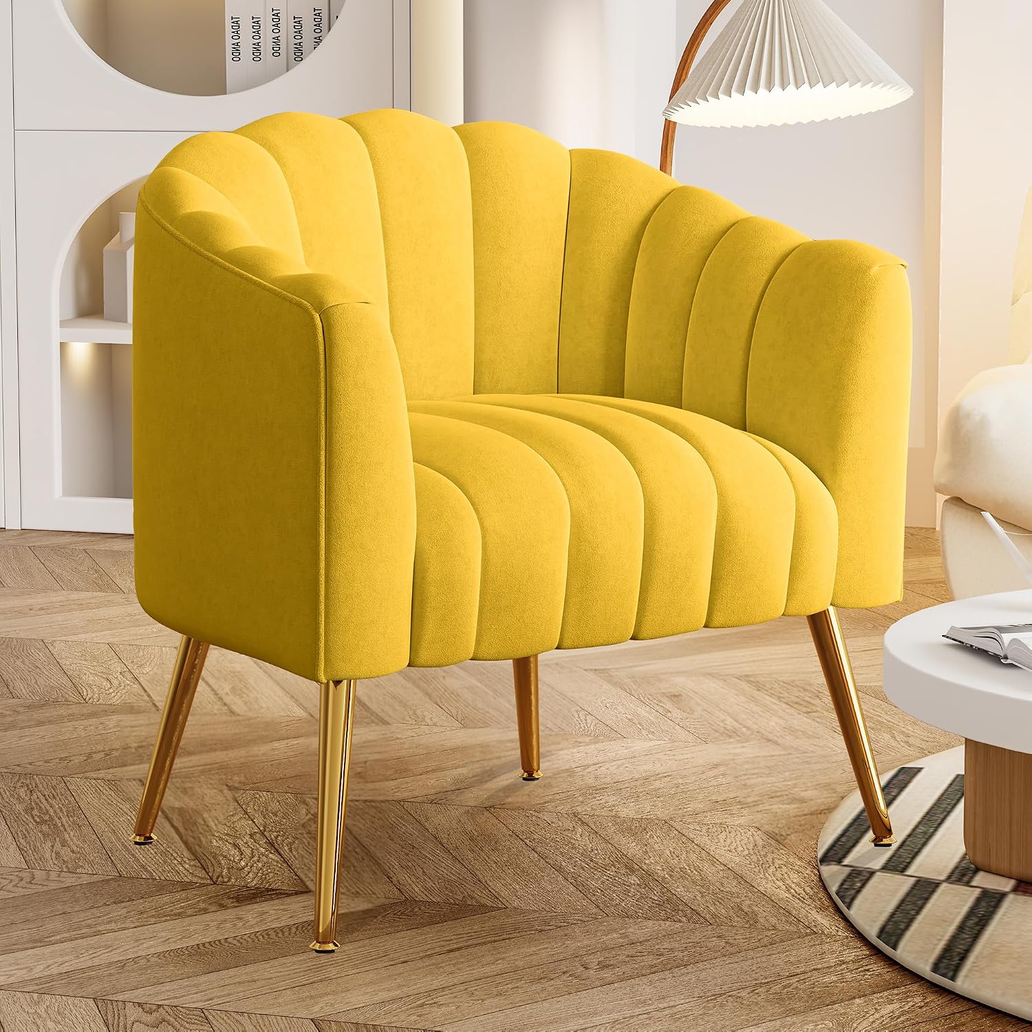 Dewhut Oversized Pumpkin Couch Accent Chair, Modern Comfy Velvet Upholstered Barrel Chairs, Luxury Single Sofa Armchair for Living Room, Waiting Room, Office and Vanity, (Yellow)